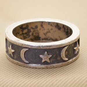 Vintage Sterling Silver Moon & Stars Band Ring, 925 Silver, Sz 9.5